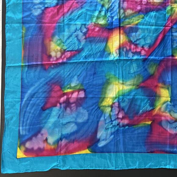 Handcrafted Multicolor Tie Dye 100% Silk Scarf‎ 34"x 35" Rolled Edge Handsewn - Picture 4 of 7